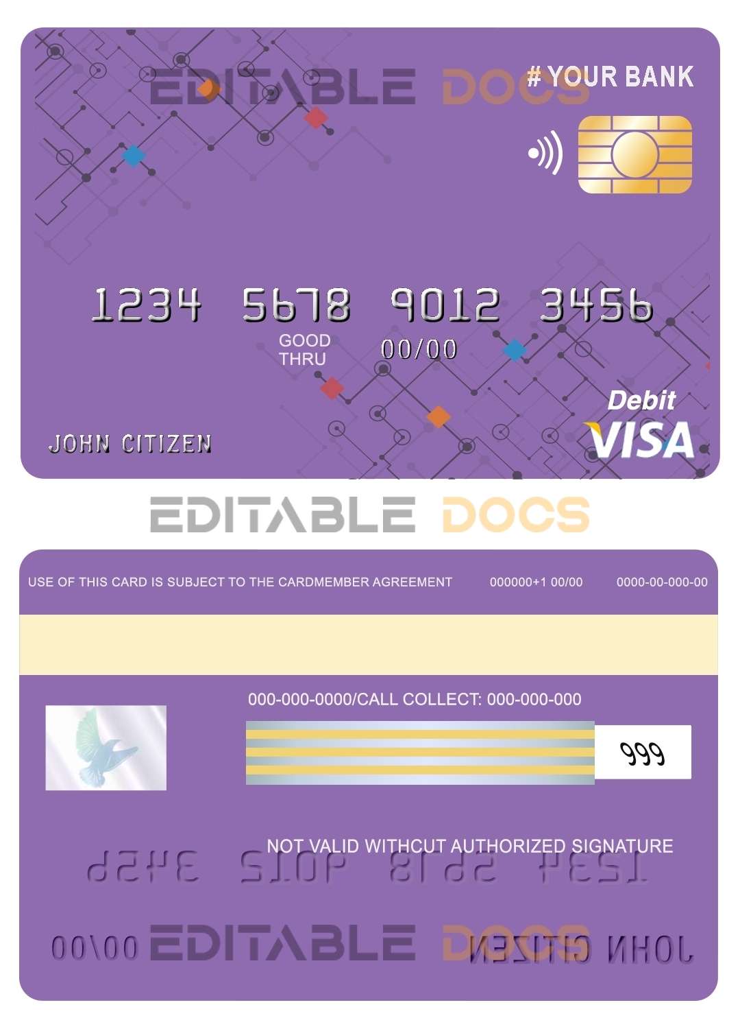 Editable purpleistic universal visa card Templates in PSD Format