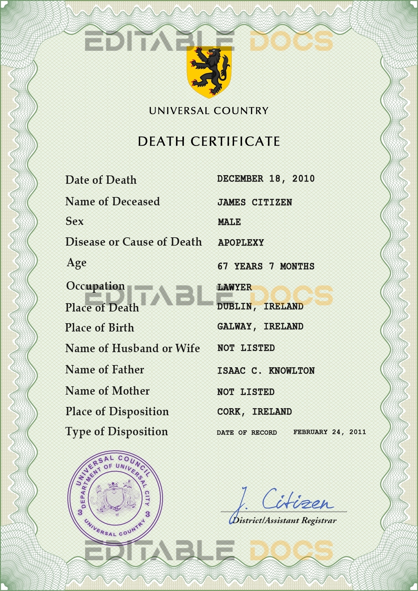 Customizable Redux Vital Record Universal Death Certificate PSD Templates | Instant Download