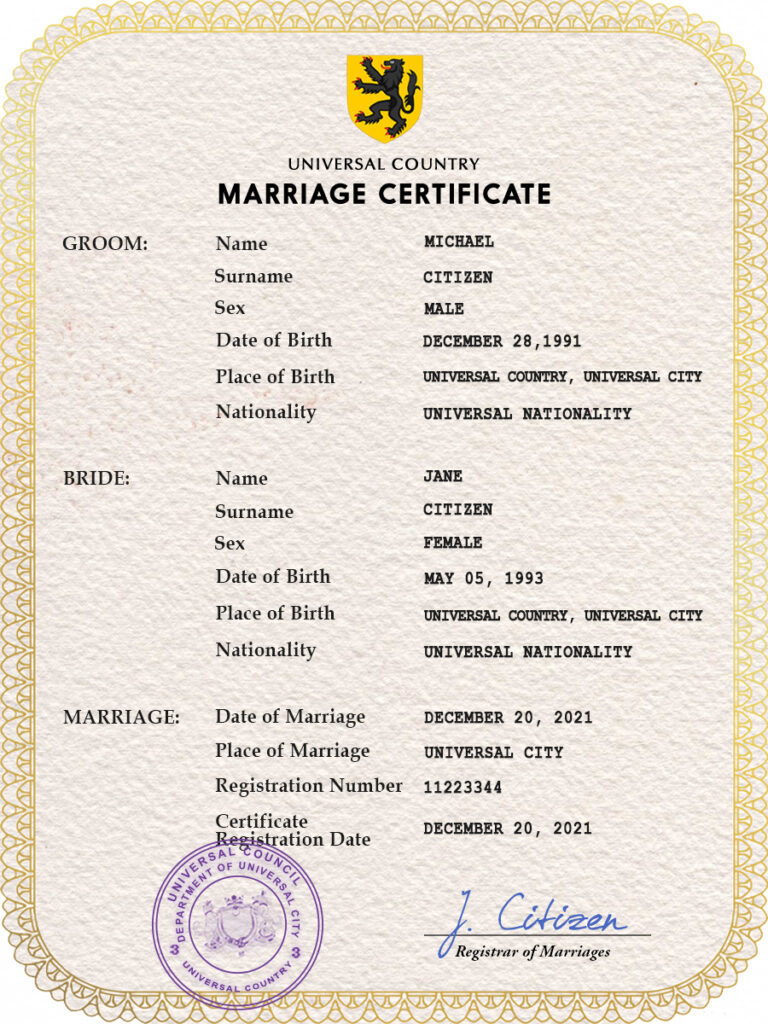refined universal Marriage Certificate