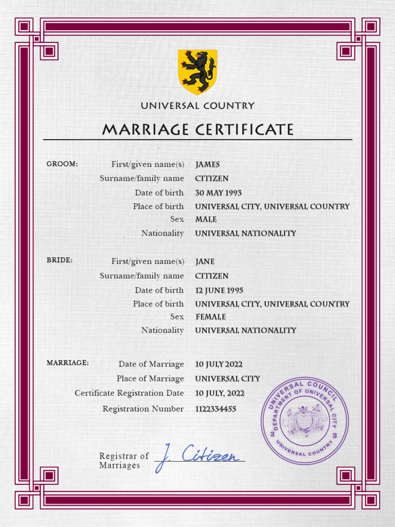 registration universal Marriage Certificate