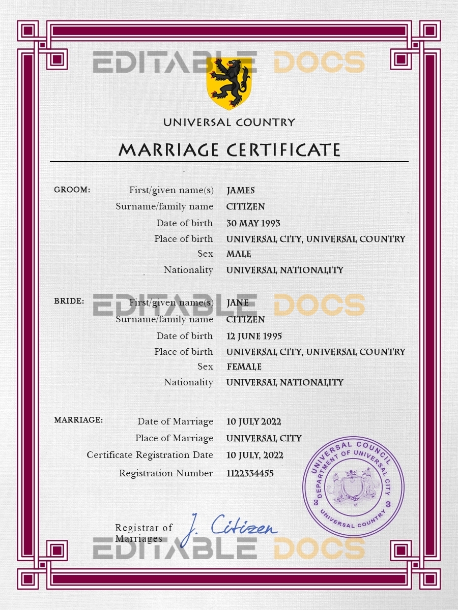 registration universal Marriage Certificate | Editable PSD Templates