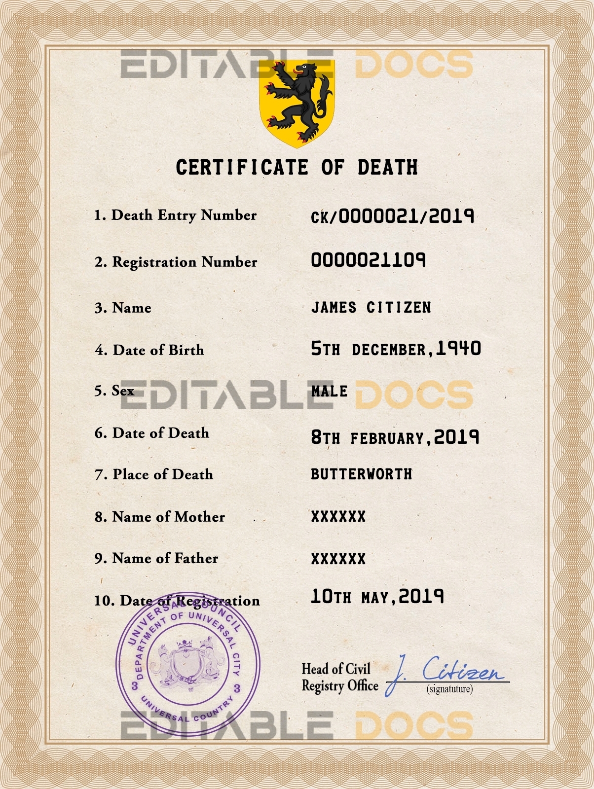 Customizable Scope Vital Record Universal Death Certificate PSD Templates | Instant Download