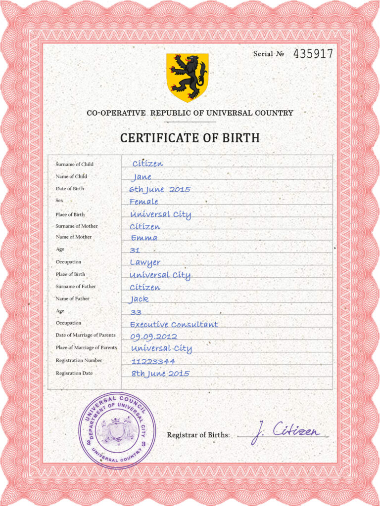 Authentic scribe universal Birth Certificate PSD Template