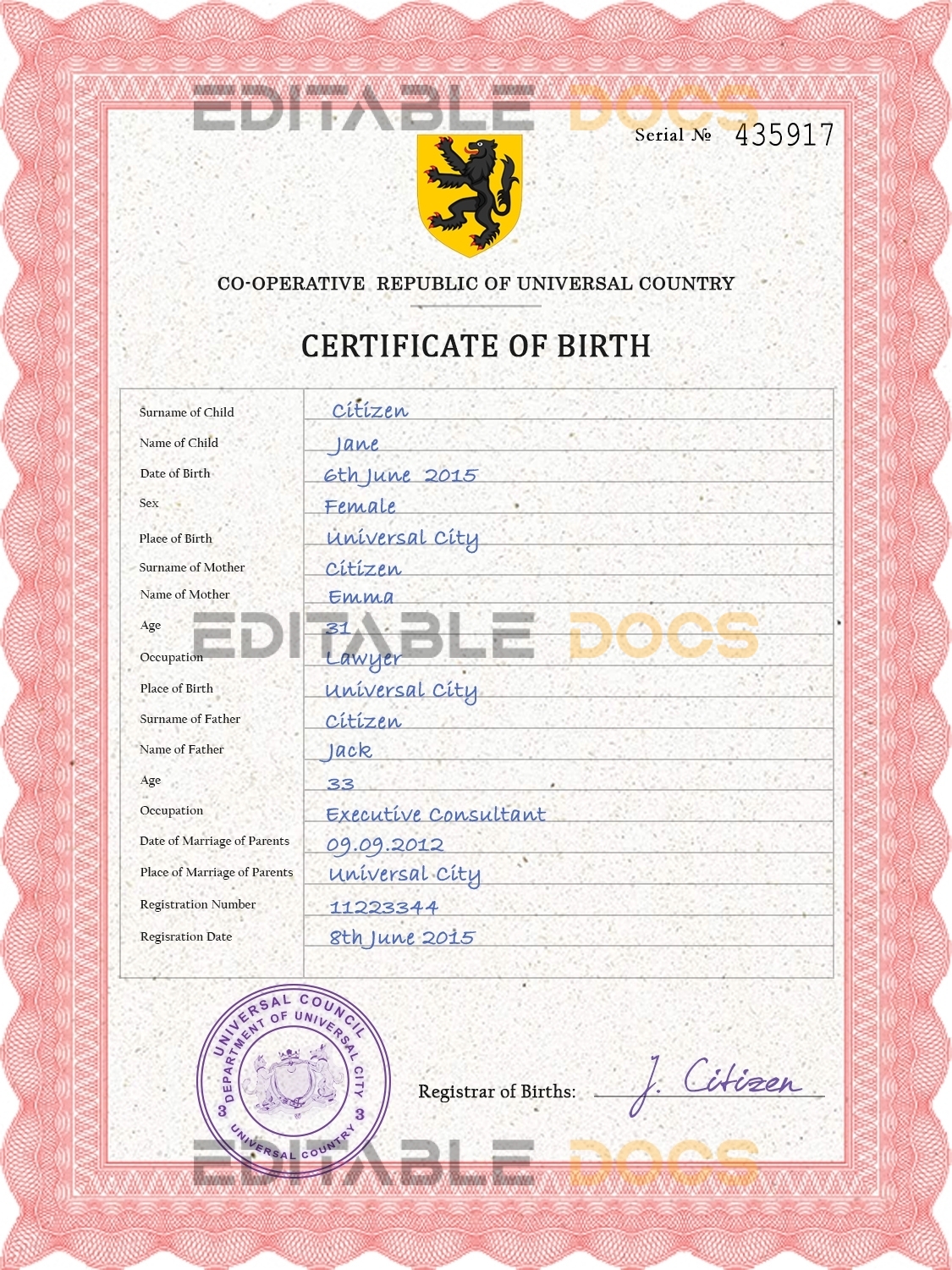 Authentic scribe universal Birth Certificate PSD Template | Customize and Download Online
