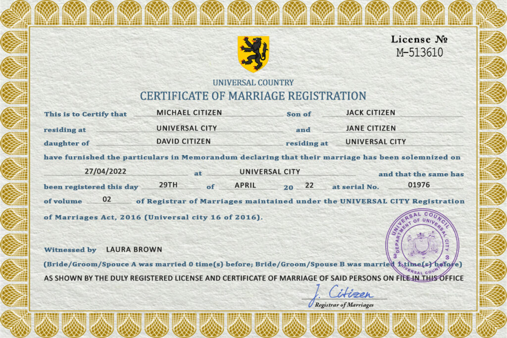 sight universal Marriage Certificate psd