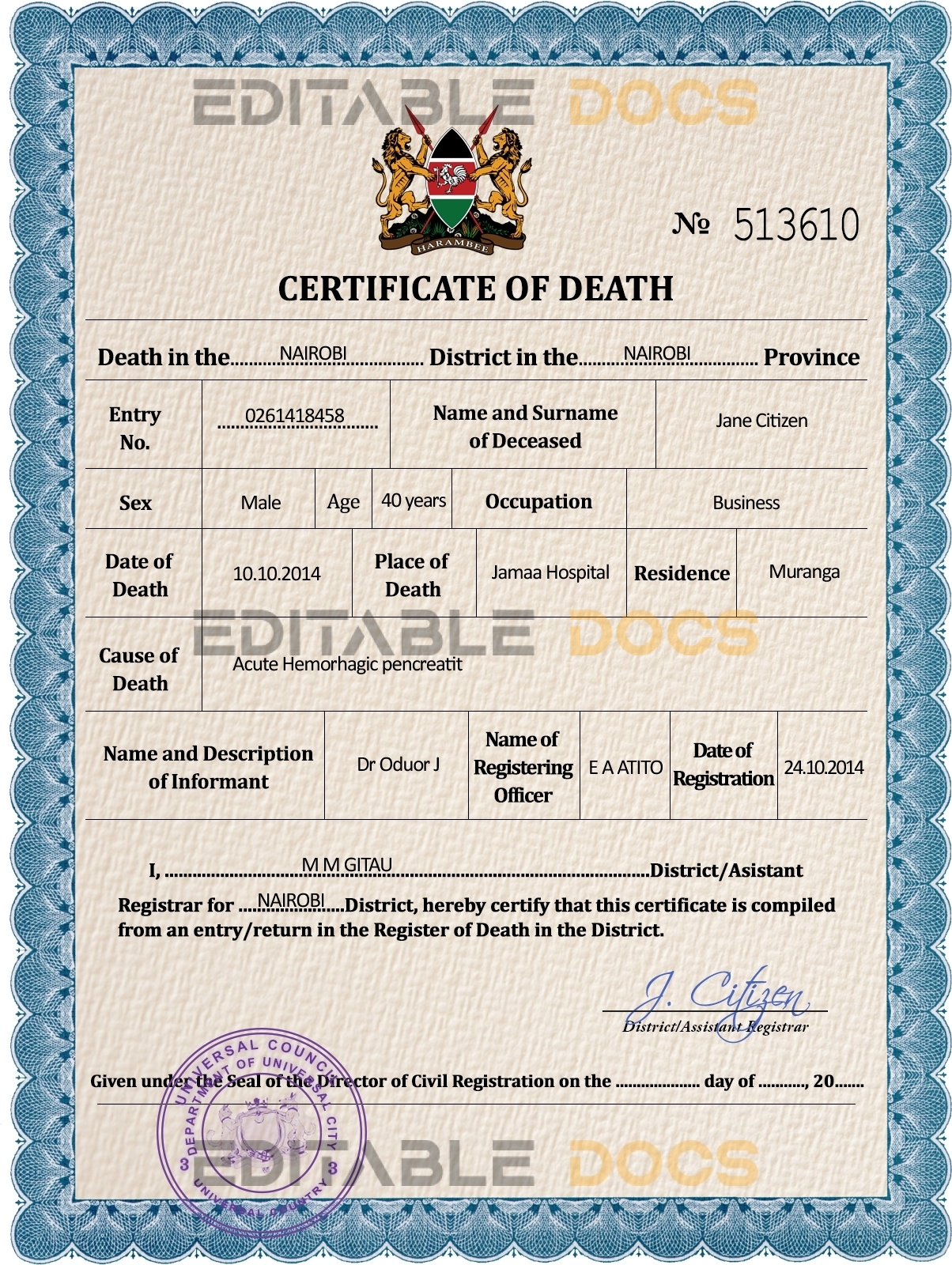Customizable Solid Universal Death Certificate PSD Templates | Instant Download
