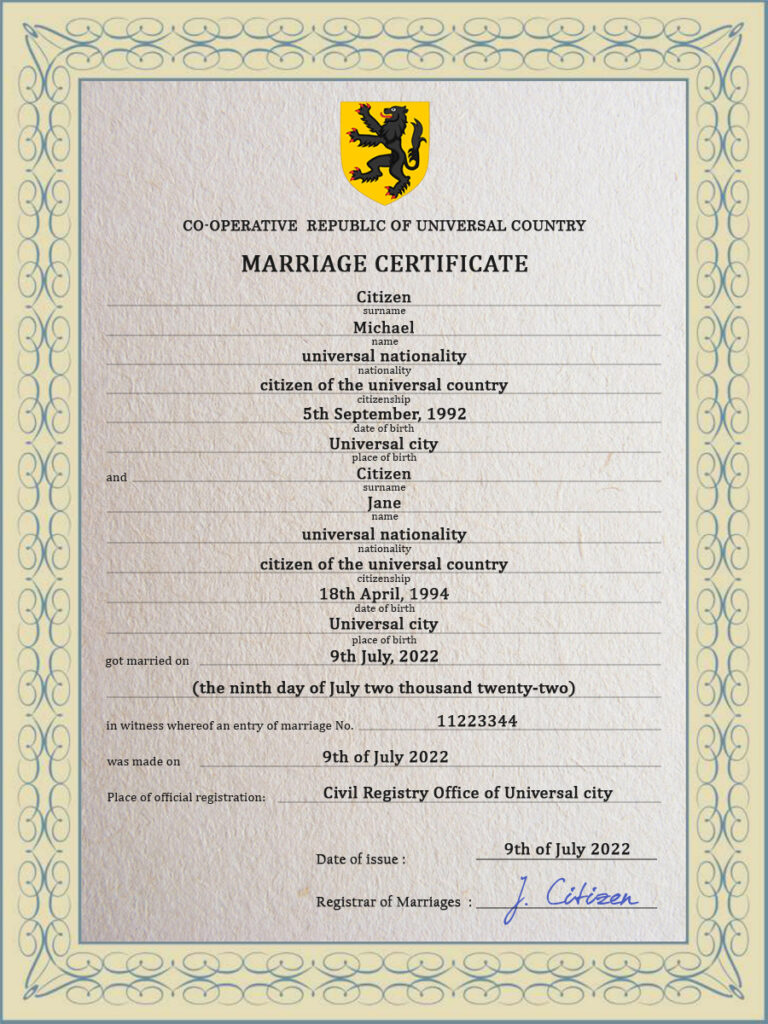 soulmate universal Marriage Certificate