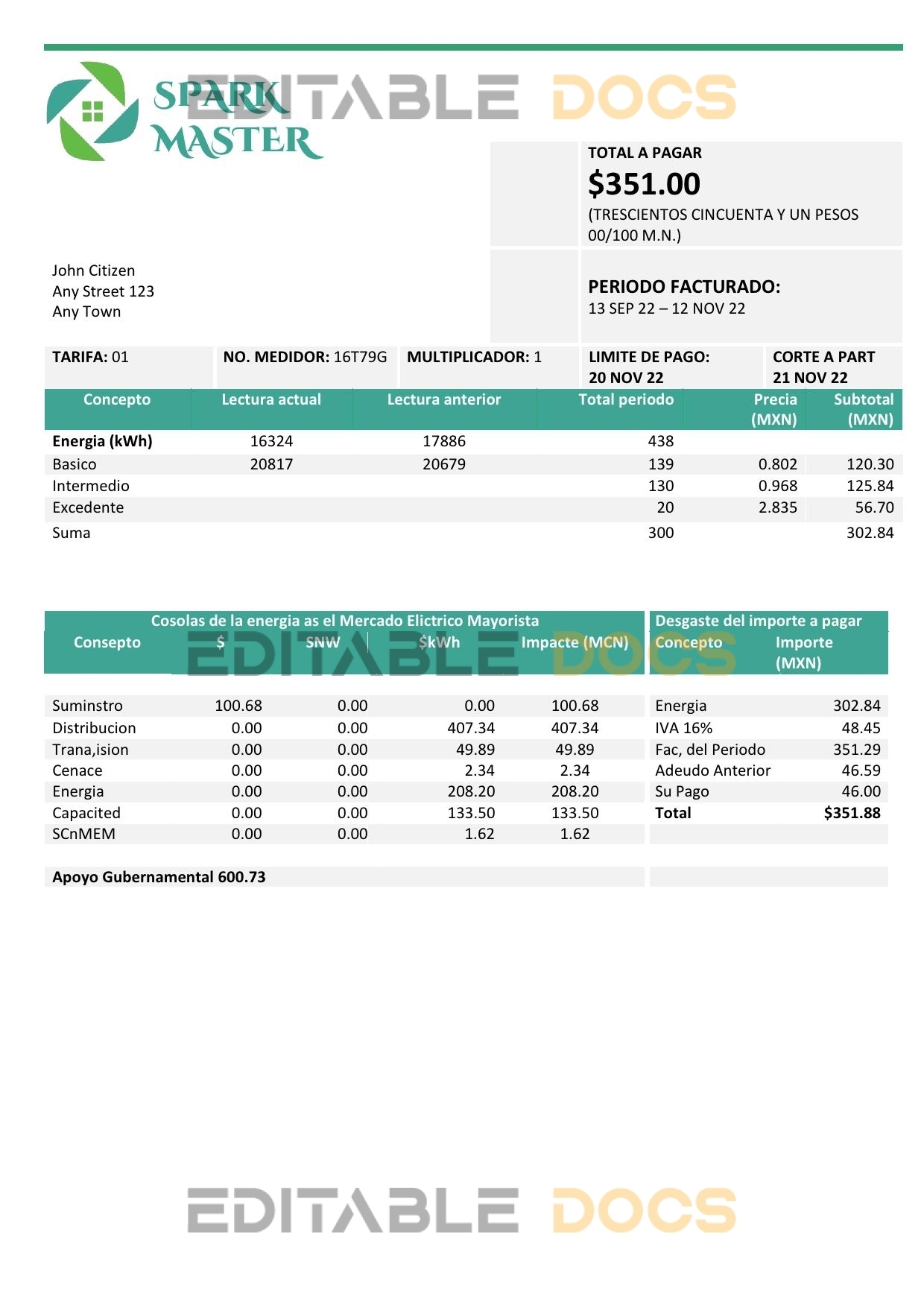 spark master universal multipurpose utility bill template in Word and PDF format