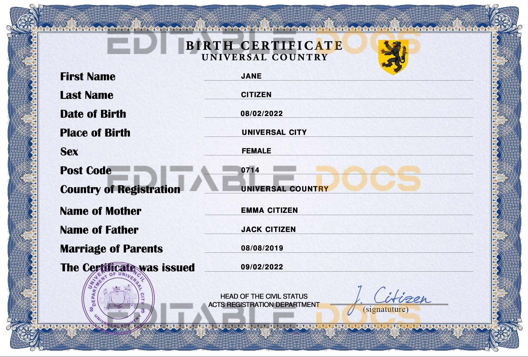 Authentic stance universal Birth Certificate PSD Template | Customize and Download Online