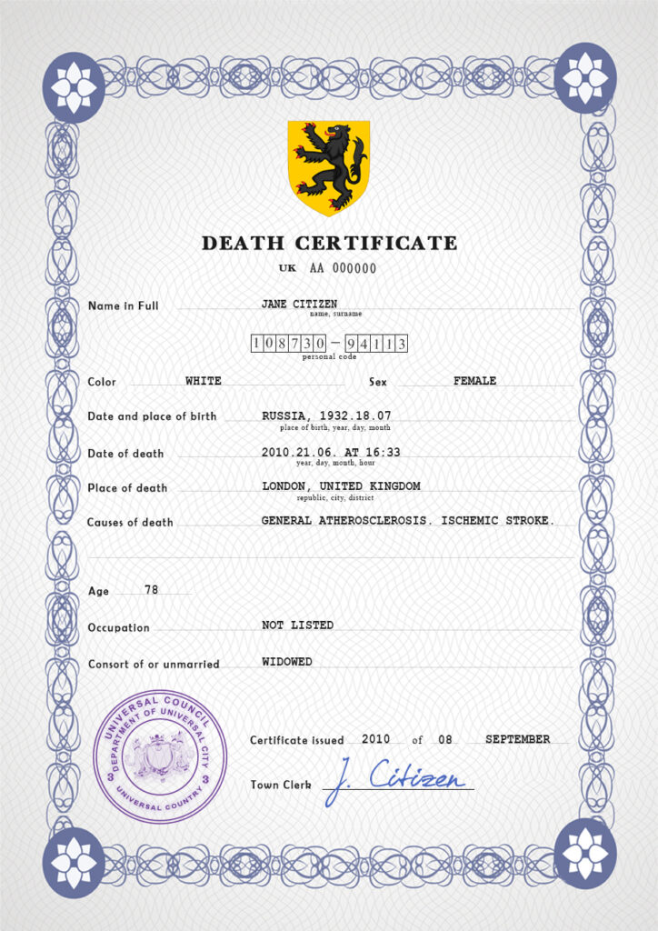 Customizable Stance Vital Record Universal Death Certificate PSD Templates