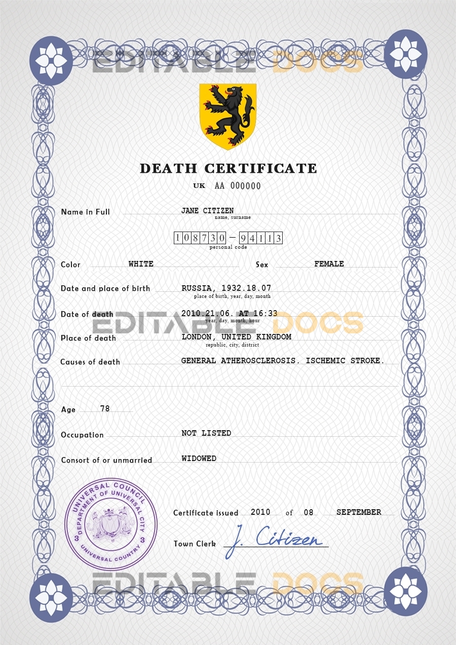 Customizable Stance Vital Record Universal Death Certificate PSD Templates | Instant Download