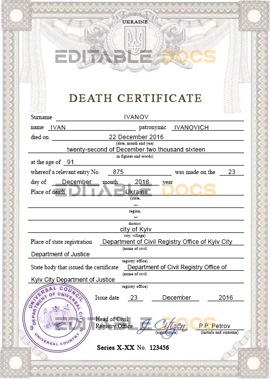 Customizable Sustaine Solution Vital Record Universal Death Certificate PSD Templates