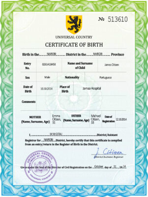 Authentic united assembly universal Birth Certificate PSD Template