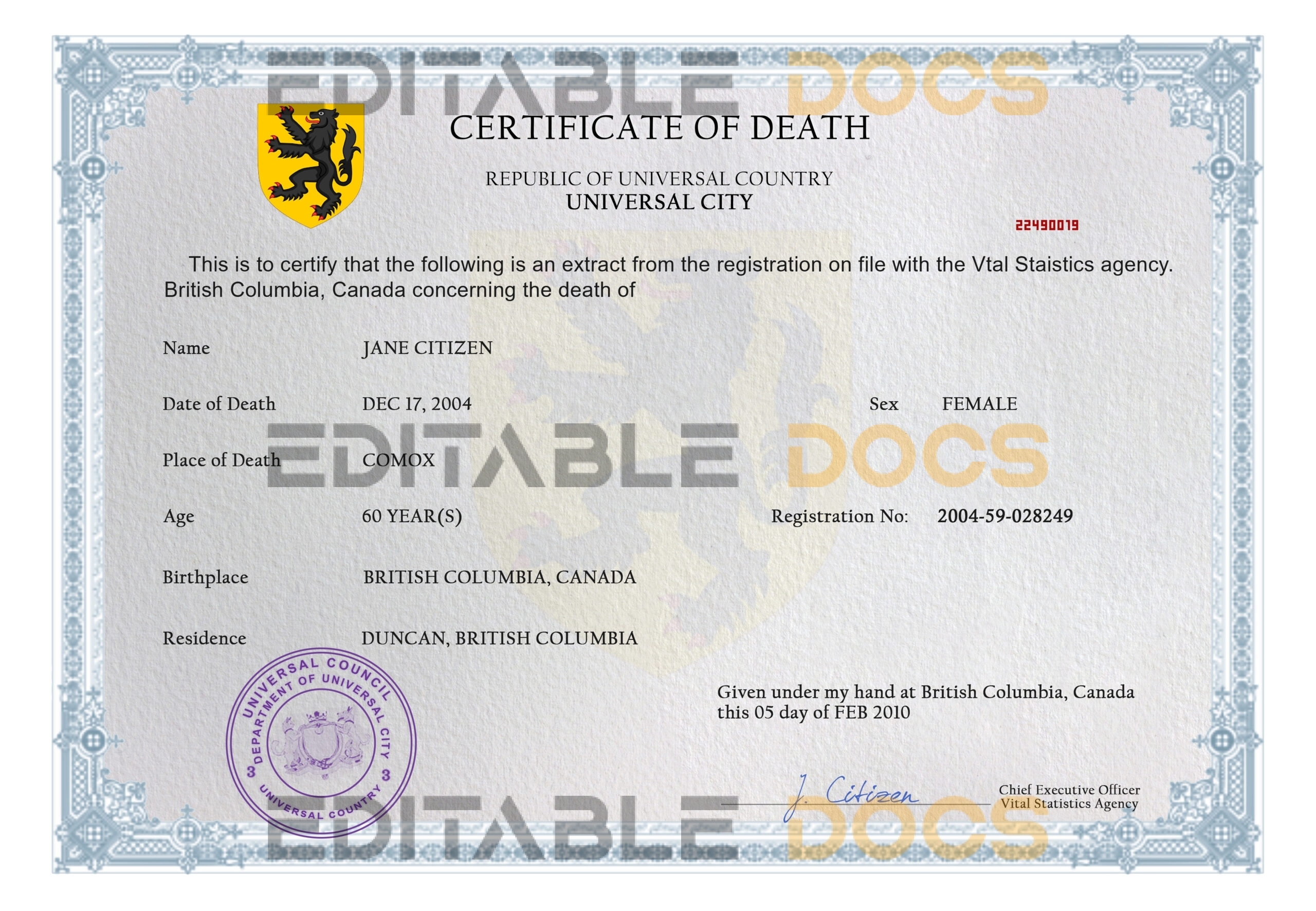 Customizable United Universal Death Certificate PSD Templates | Instant Download