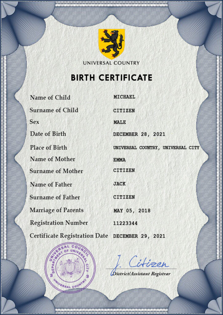 Authentic universbia universal Birth Certificate PSD Template