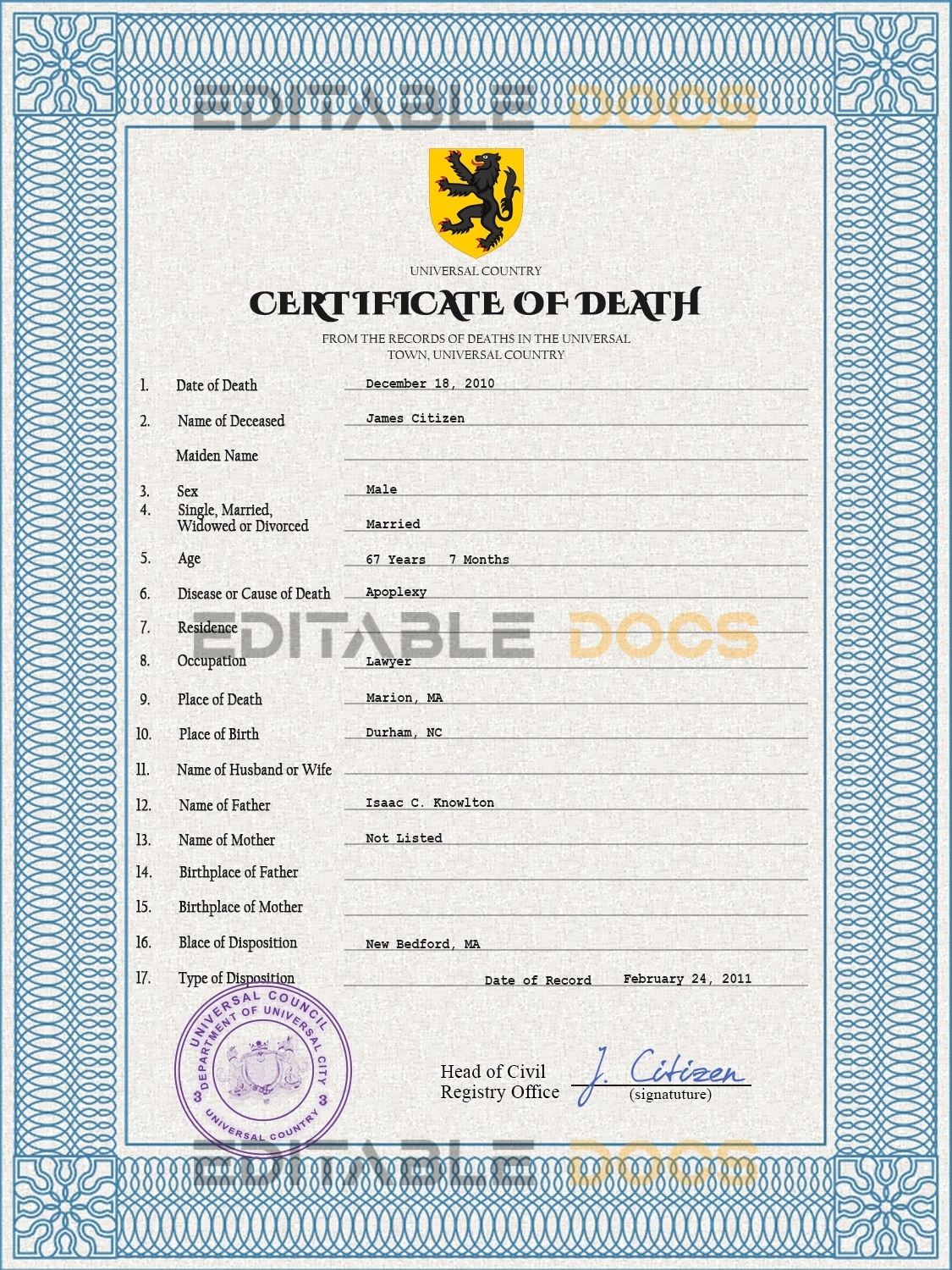 Customizable variety Death Certificate PSD Templates | Instant Download