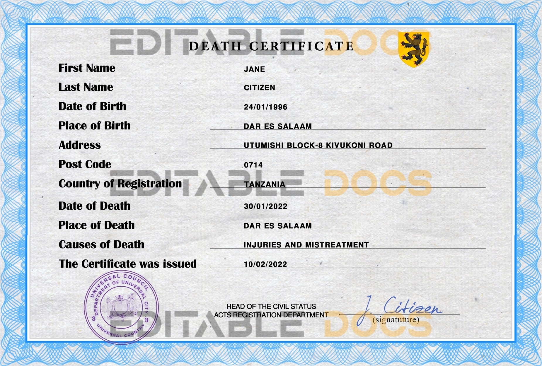 Customizable Wise Crowd Universal Death Certificate PSD Templates | Instant Download