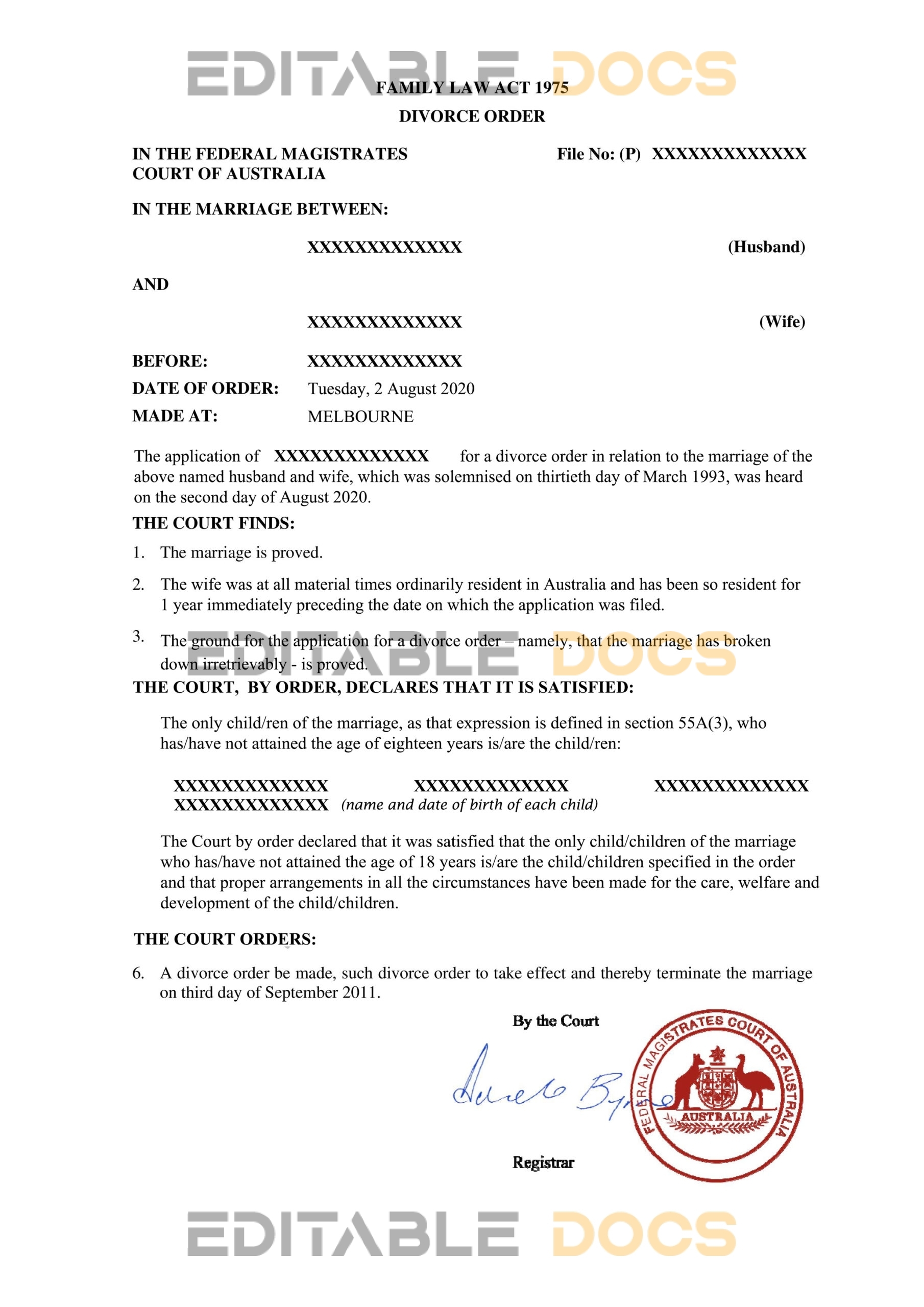 Easily Customize australia Divorce Certificate with Realistic word Templates