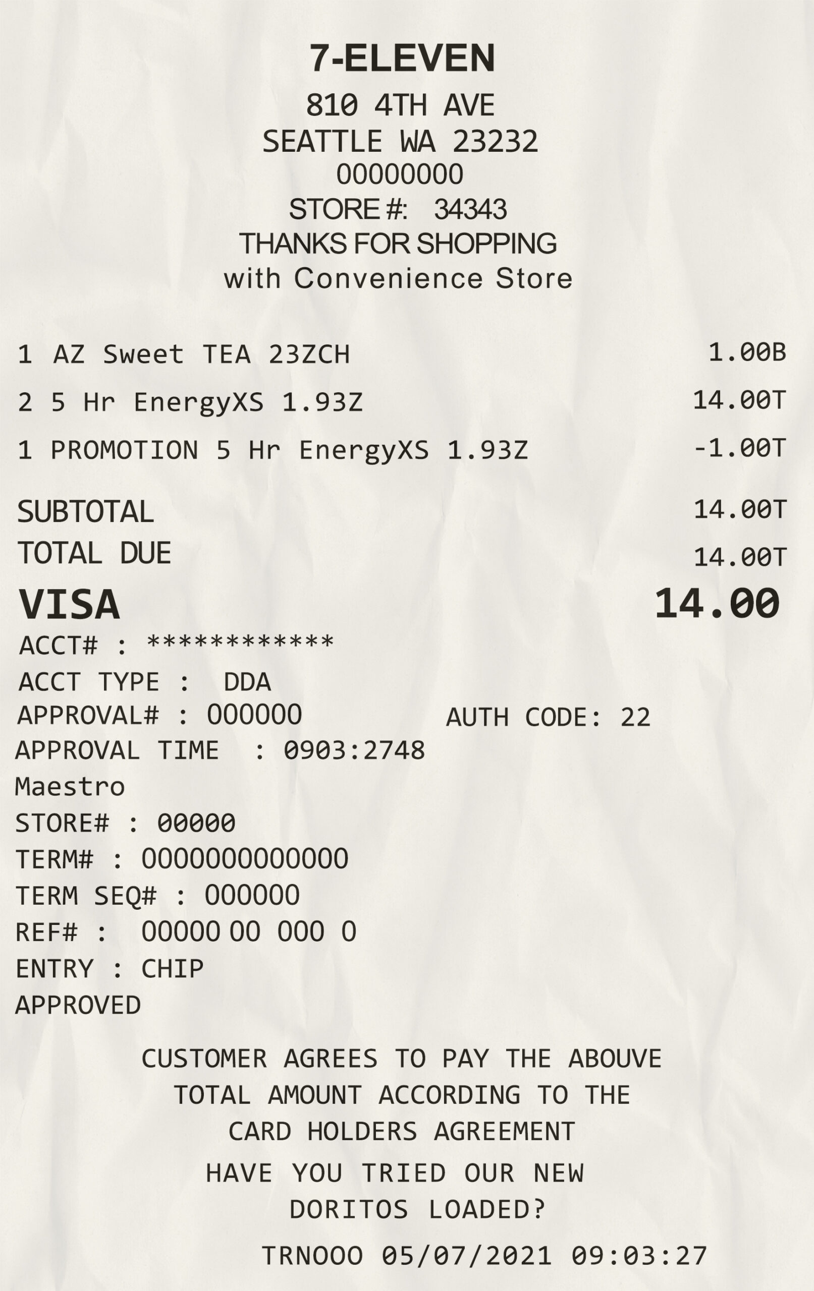 Fake 7-ELEVEN payment check Receipt