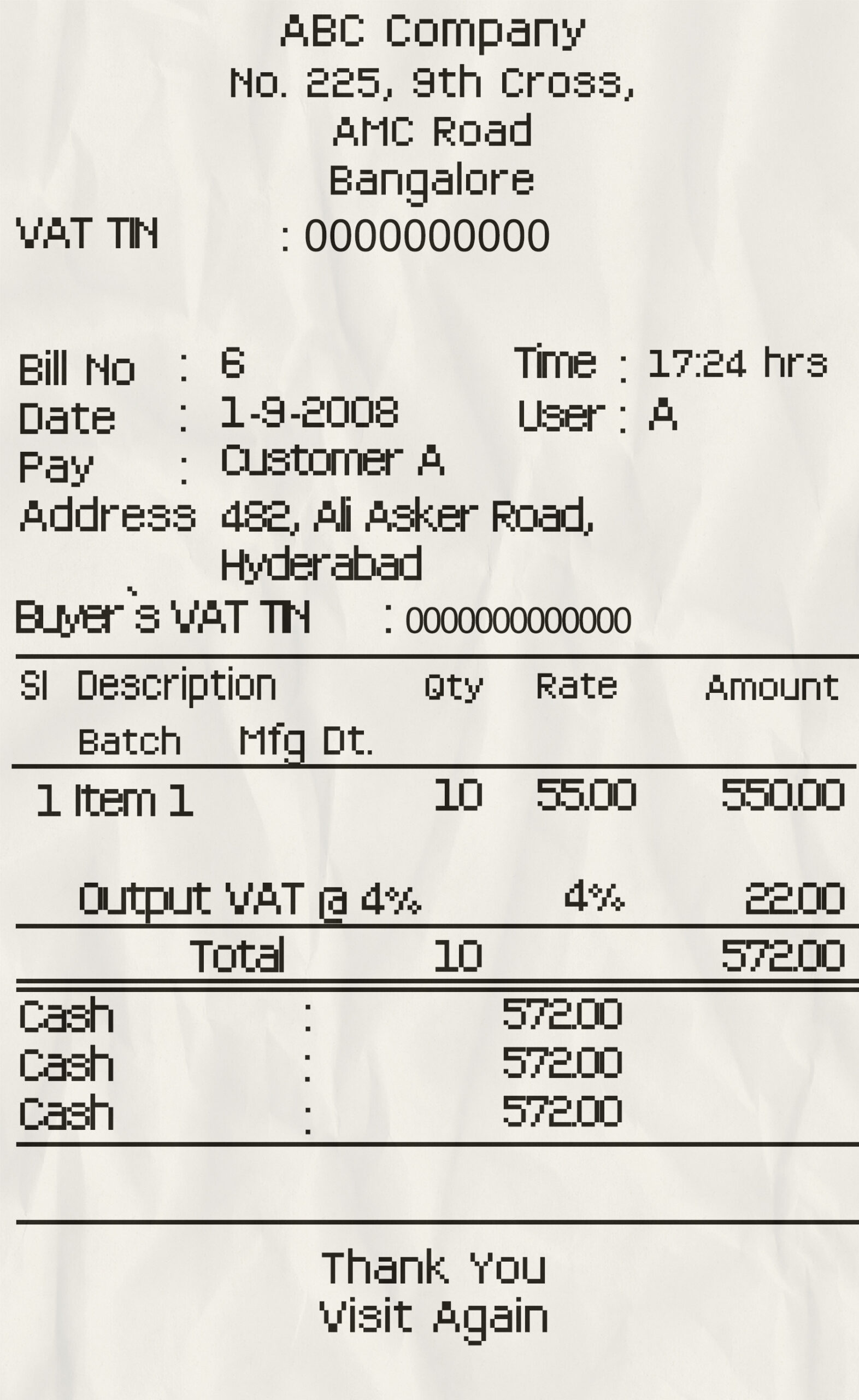 Fake ABC COMPANY cash receipt Receipt