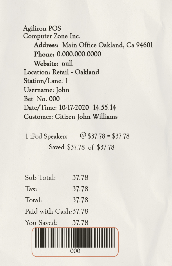 Fake AGILIRON POS payment check Receipt Template