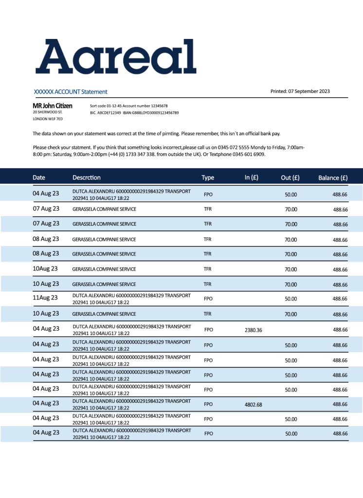 Fake Aareal Business Bank Statement