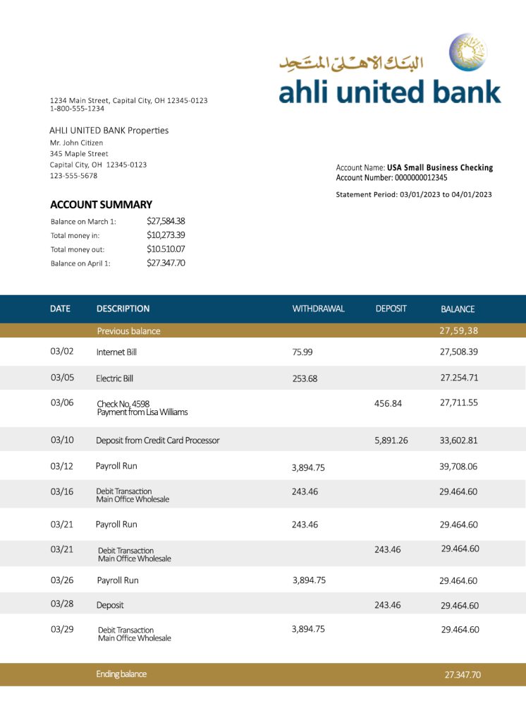 Fake Ahli United Business Bank Statement