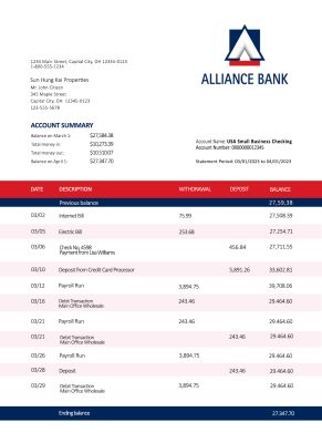 Fake Alliance Business Bank Statement