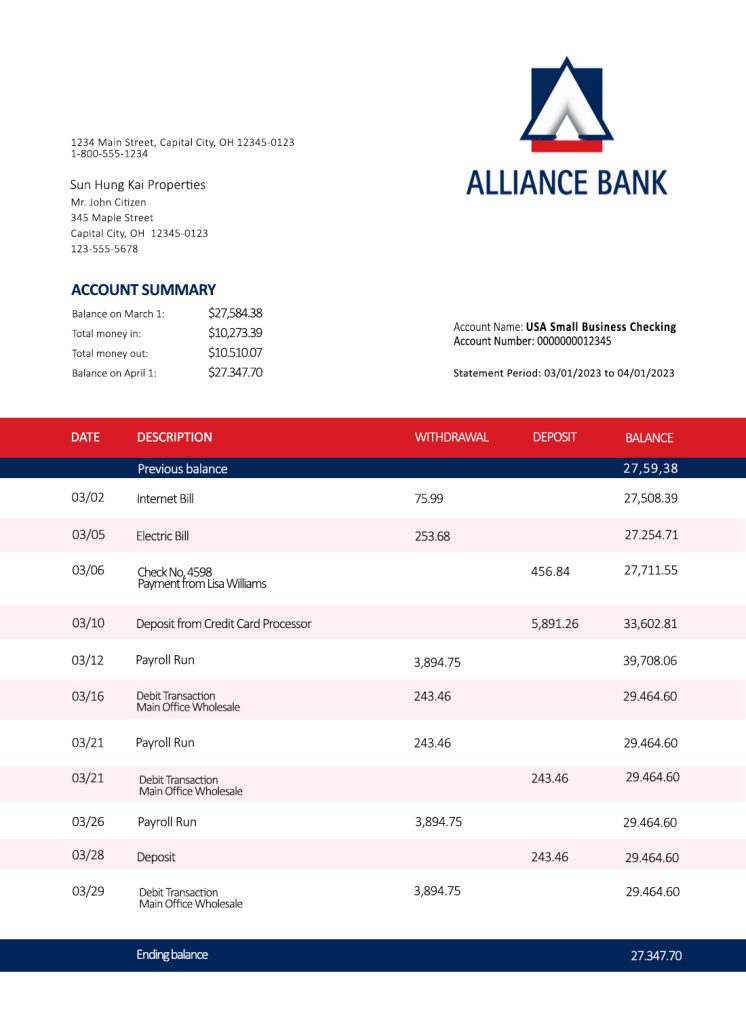 Fake Alliance Business Bank Statement