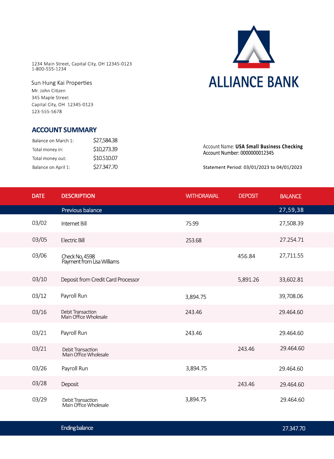 Fake Alliance Business Bank Statement