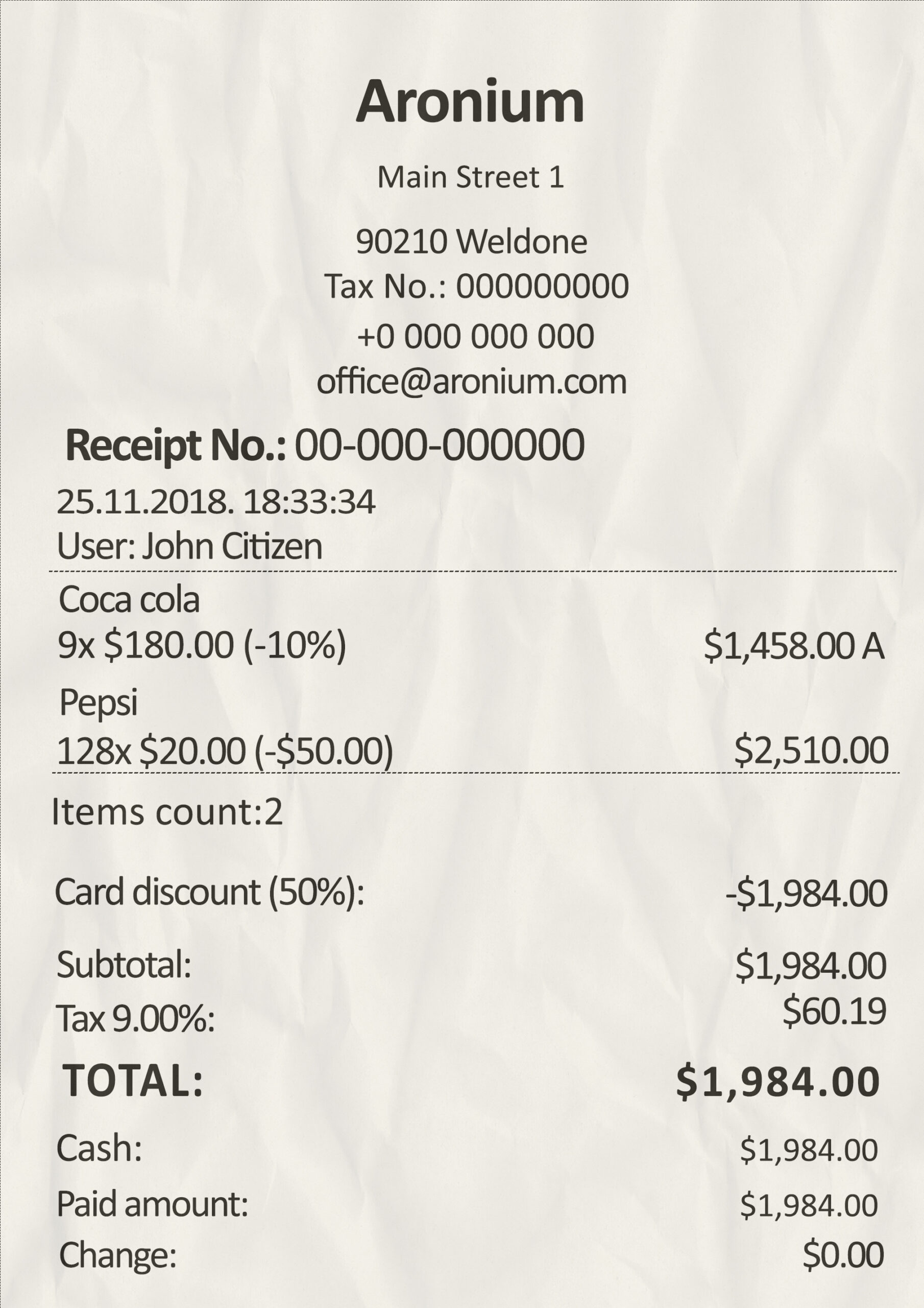 Fake Aronium payment check Receipt