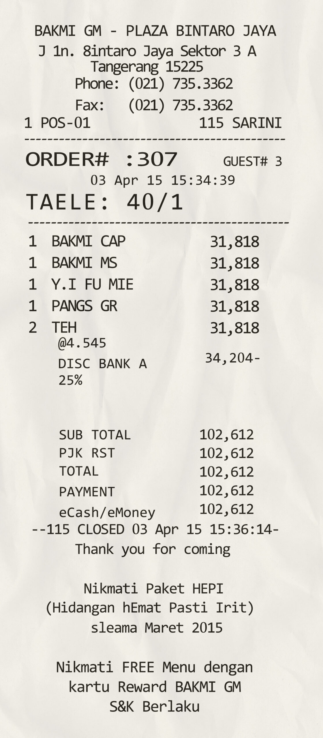 Fake Bakmi gm plaza payment receipt Receipt
