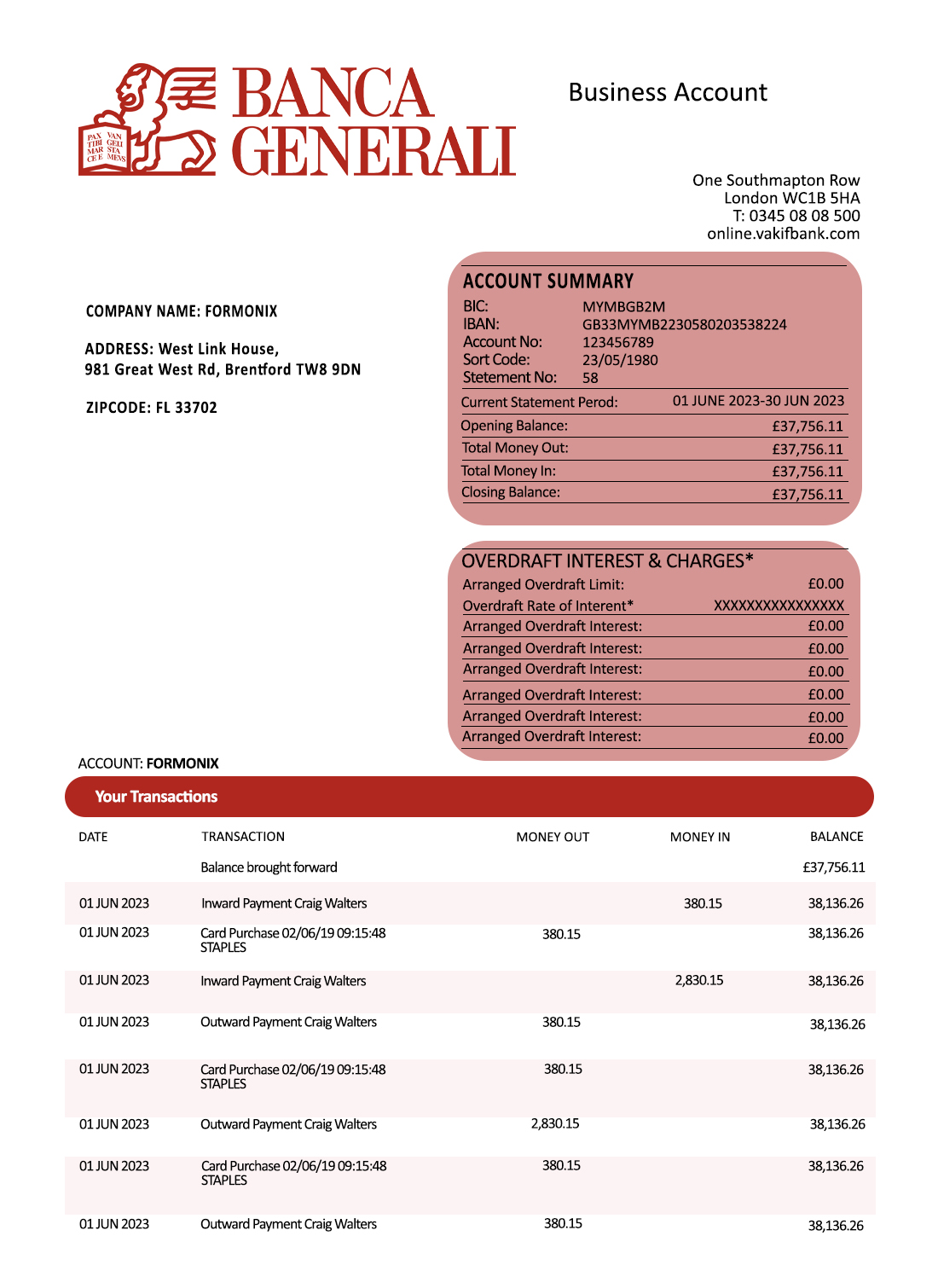 Fake Banca Generali Business Bank Statement
