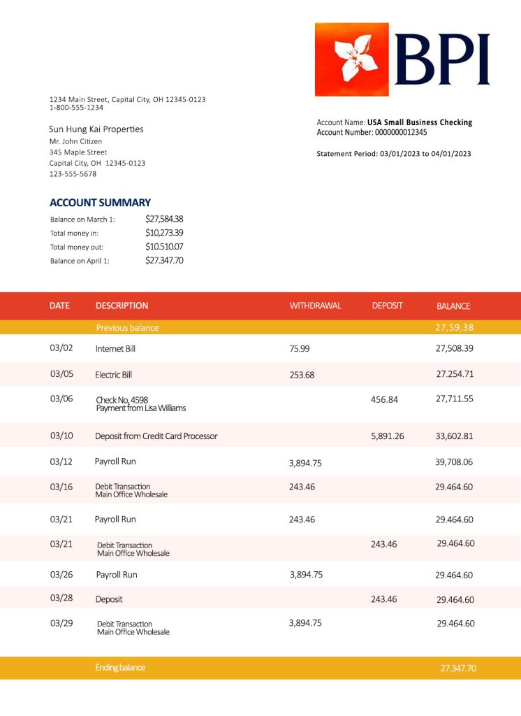 Fake Banco Bpi firm Business Bank Statement