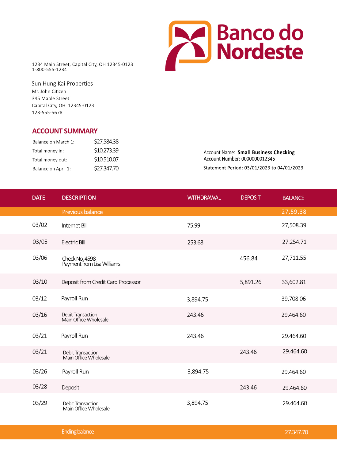 Fake Banco do Nordeste firm Business Bank Statement
