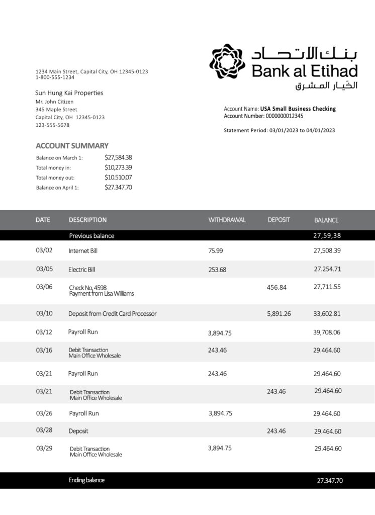 Fake Bank al Etihad firm Business account statement