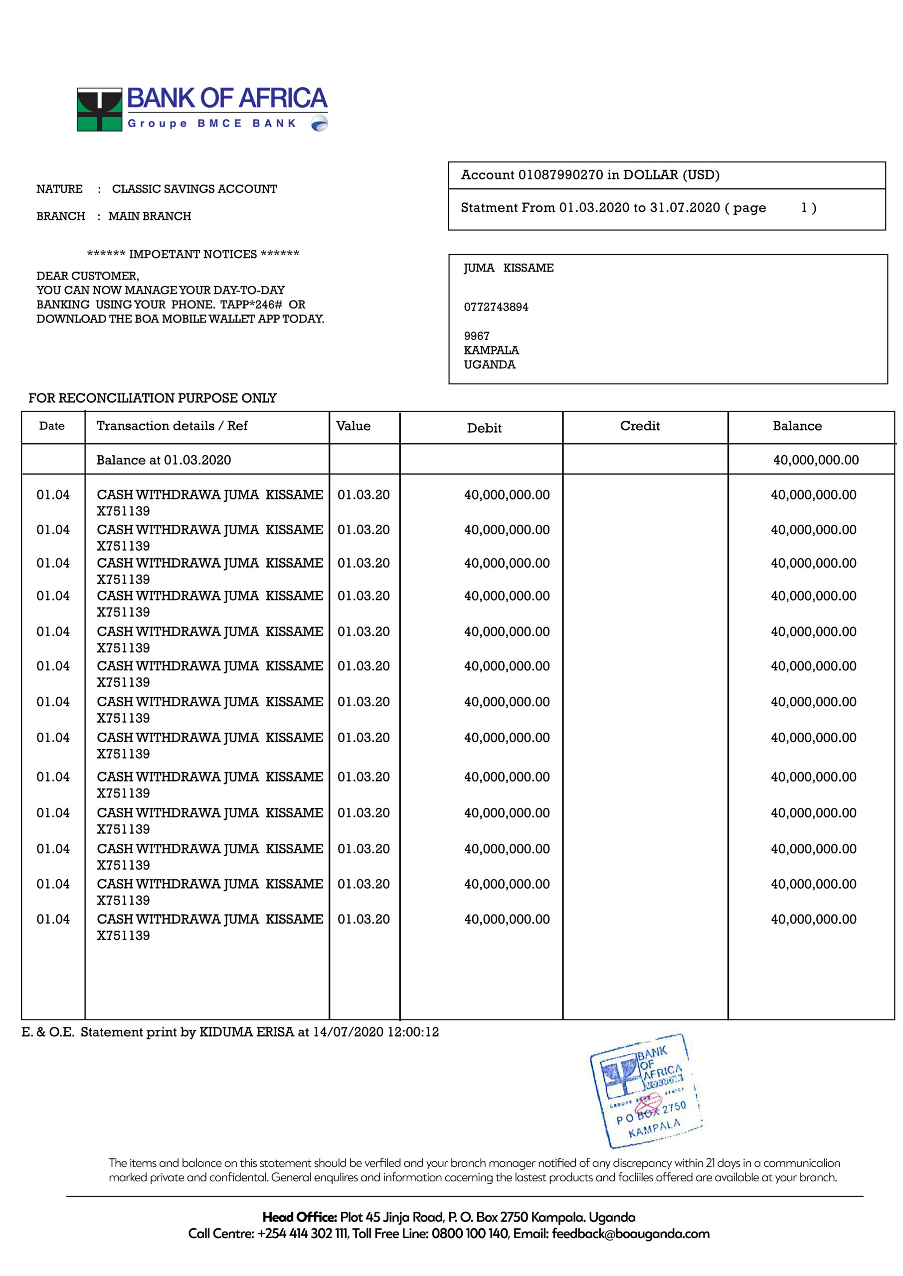 Fake Bank of Africa Business Bank Statement