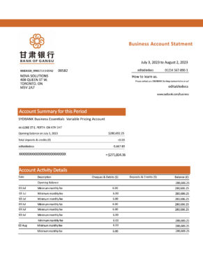 Fake Bank of Gansu Business Bank Statement
