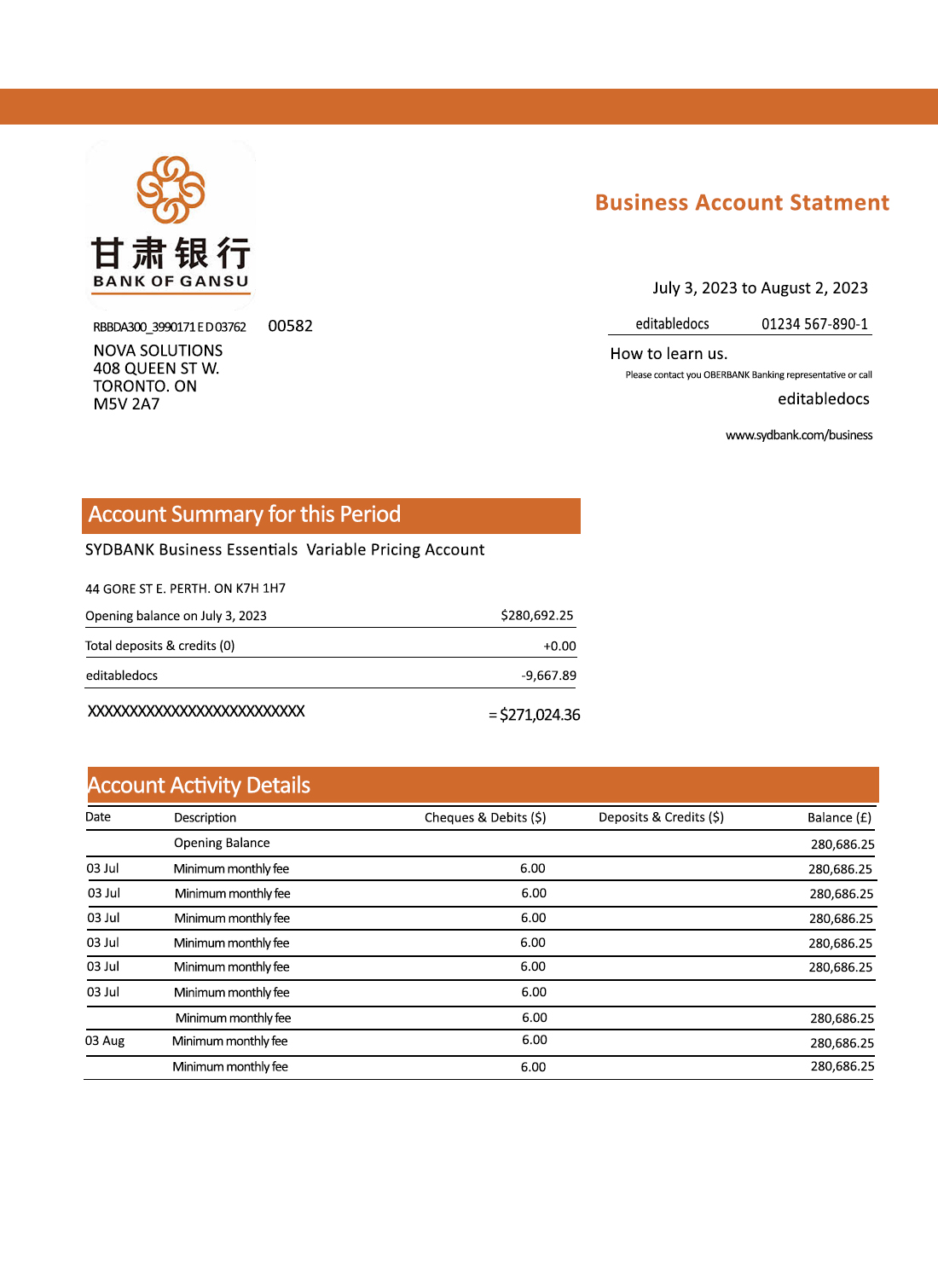 Fake Bank of Gansu Business Bank Statement