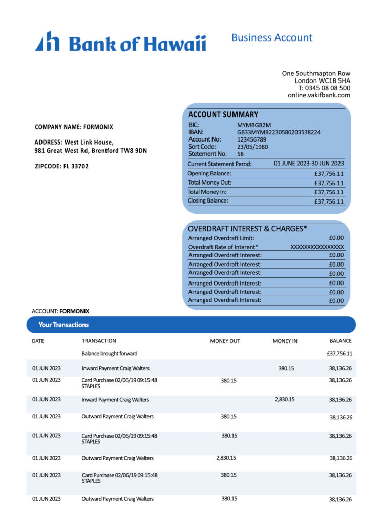 Fake Bank of Hawaii firm Business Bank Statement
