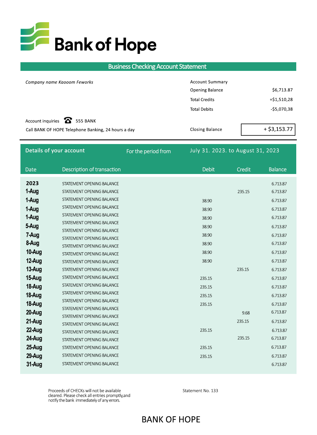 Fake Bank of Hope Business Bank Statement