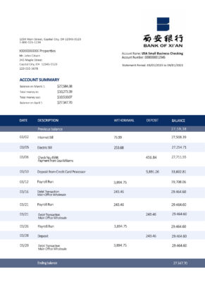 Fake Bank of Xi’An Business Bank Statement