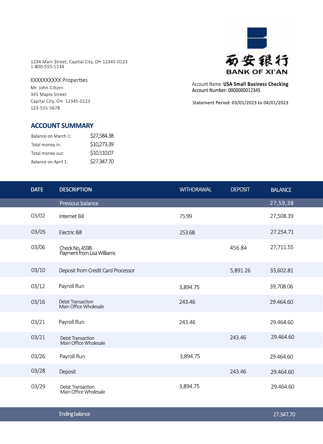 Fake Bank of Xi’An Business Bank Statement