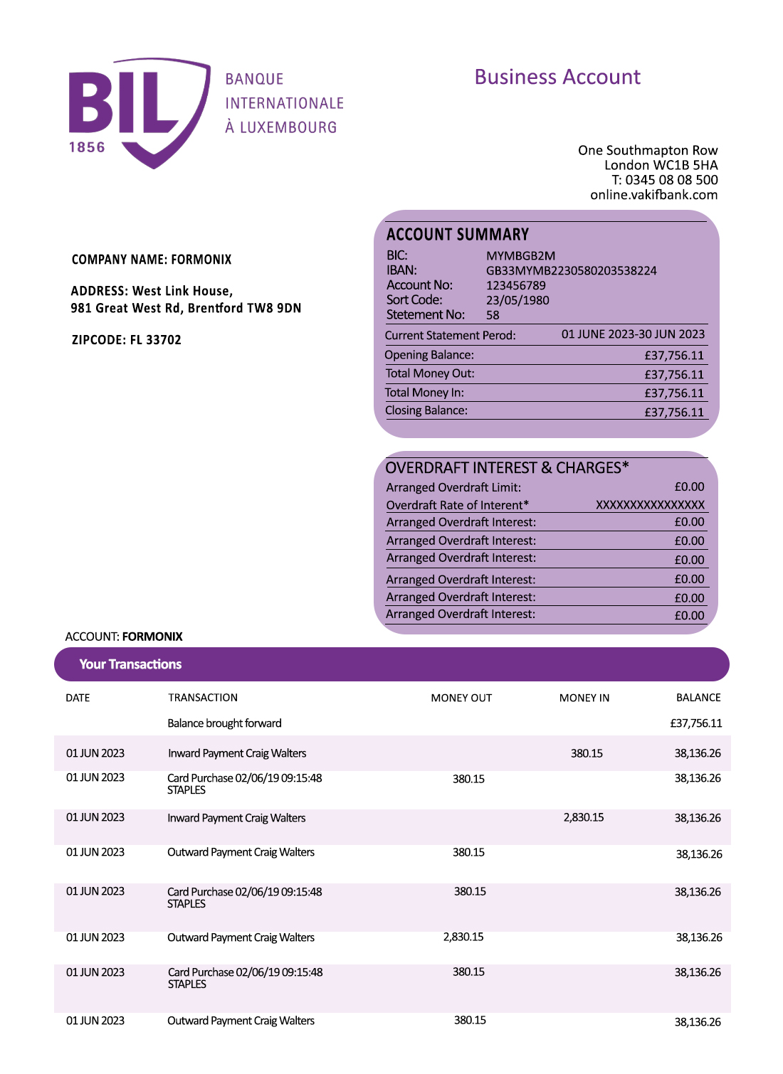 Fake Banque Internationale a Luxembourg Business Bank Statement