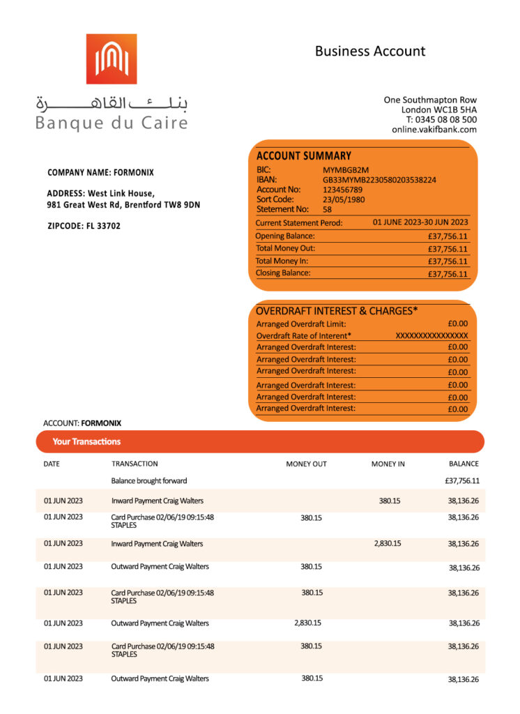 Fake Banque du Caire bank company account statement