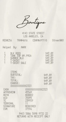 Fake Boutique payment receipt