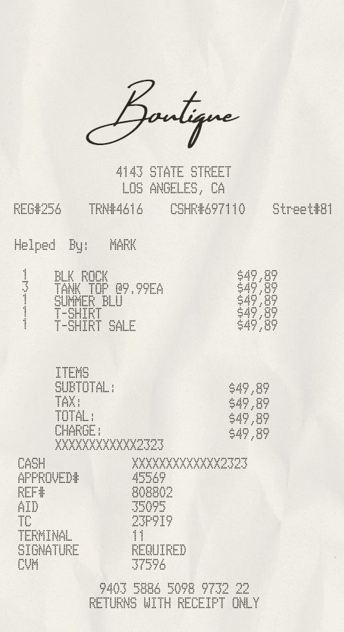 Fake Boutique payment receipt