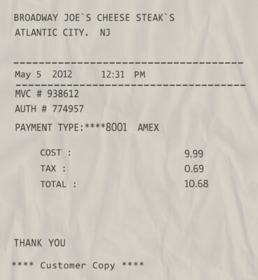 Fake Broadway Joe’s Cheese Steaks payment Receipt