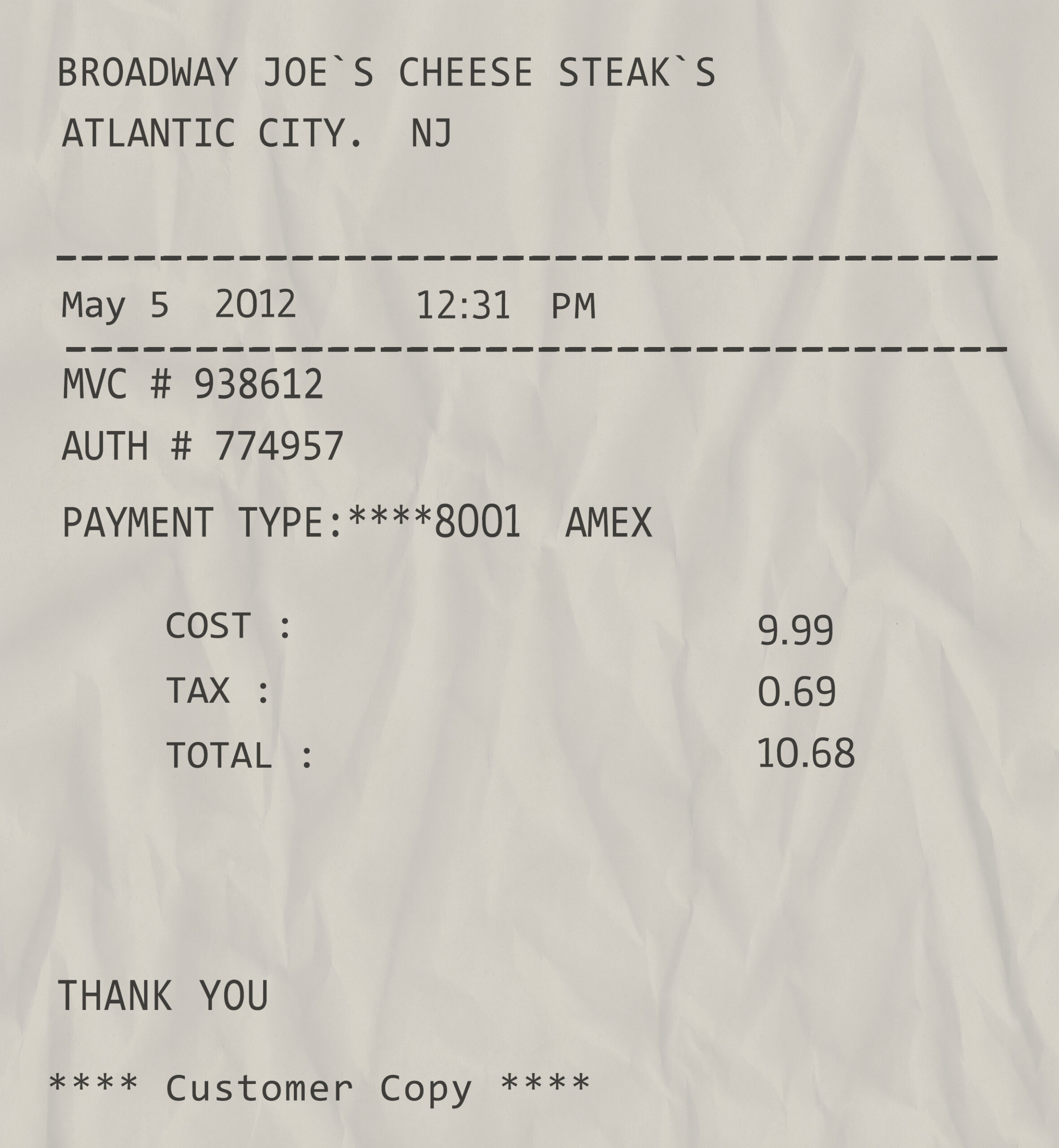 Fake Broadway Joe’s Cheese Steaks payment Receipt