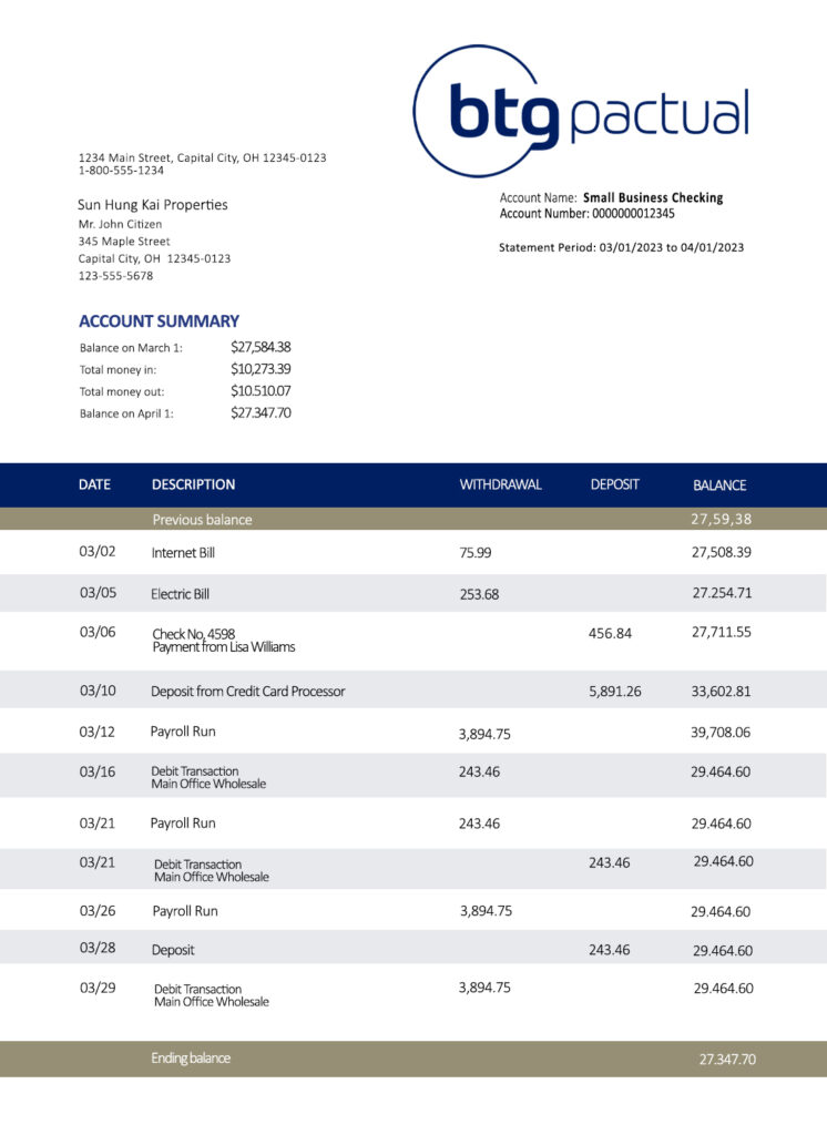 Fake Btg Pactual Business Bank Statement